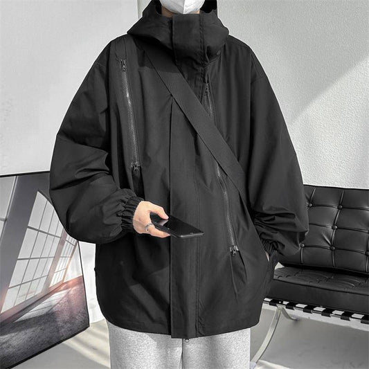 New minimalist men's jacket, outdoor casual hooded windbreaker with three-proof multi-zipper design
